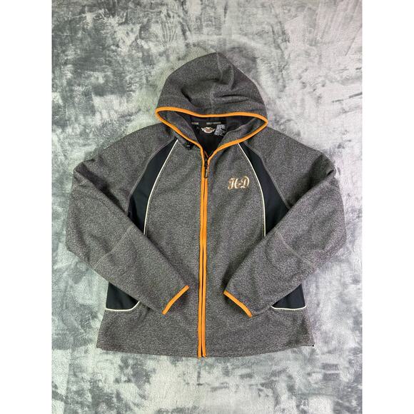 Y2K VTG Harley-Davidson Full Zip Hoodie Jacket L Gray Black Orange Trim - Picture 1 of 10